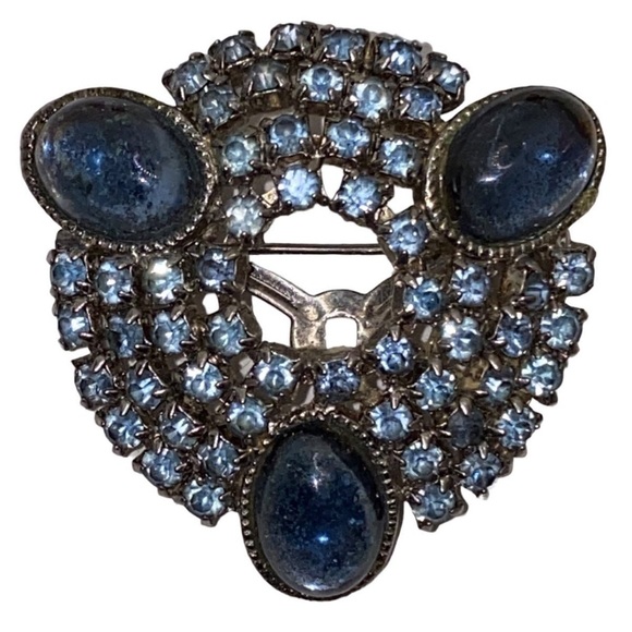 Vintage Blue Rhinestone Cabochon Silver Tone Brooch - Picture 5 of 5